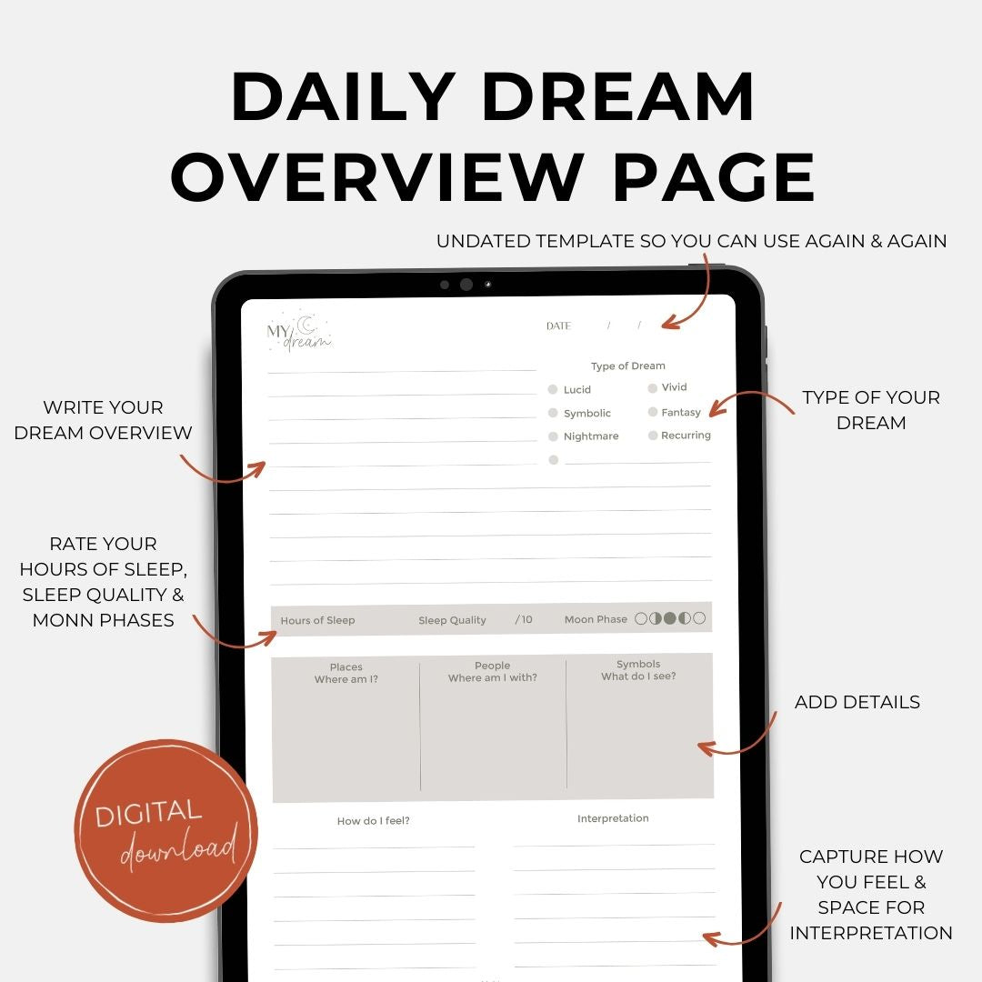 Digital Dream Journal, 8 pages BUNDLE, Digital Download, Printable, Dream Tracker/ Dairy/ Planner, Sleep Tracker, Sleep Journal