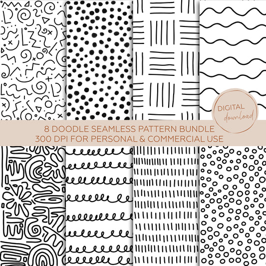 8 Doodle Seamless Pattern Bundle black & white • 300 dpi • for personal & commercial use
